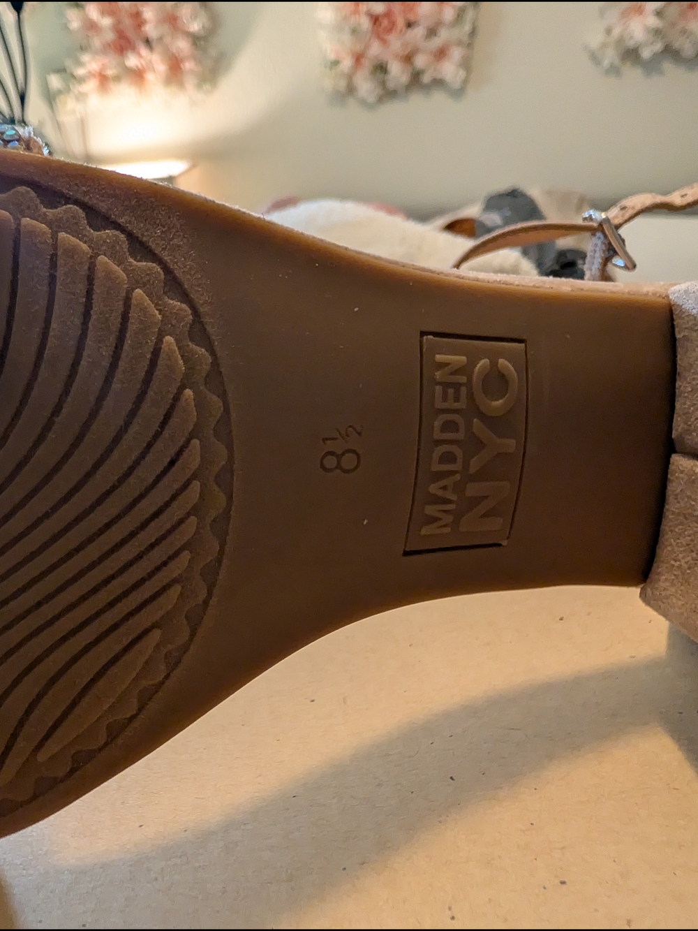 Madden NYC Women's Beige Suede Ankle-Strap Sandals